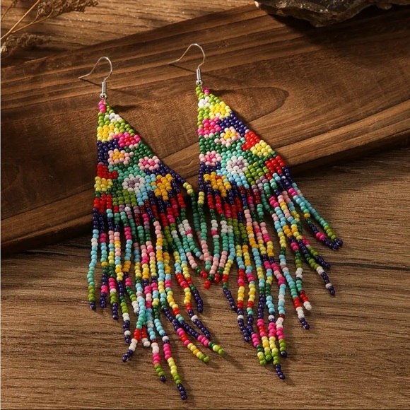 Handmade Navy Rainbow Floral Seed Bead Dangle Earrings - Picture 3 of 11